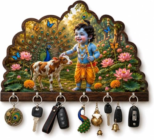Image of Baby Krishna Wooden Key Holder for Wall | 7 Hooks Key Stand with Cow, Peacock & Lotus Design | Decorative Wall Mounted Key Hanger for Home Entrance, Living Room, Office, Gift