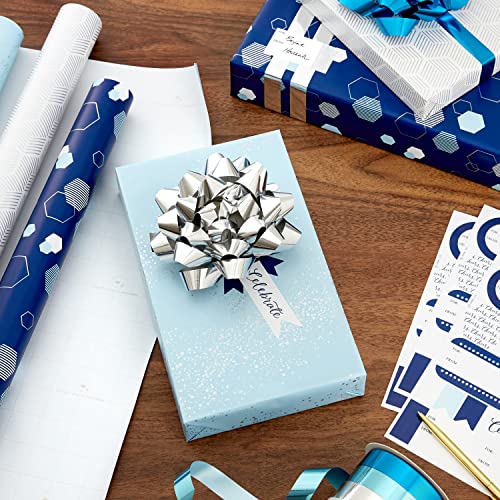 Hallmark Blue And Silver Wrapping Paper Set (3 Rolls: 90 Sq. Ft. Ttl, 10 Bows, Ribbon, Gift Tag Stickers) For Birthdays, Hanukkah, Father's Day, Graduations, Weddings #TOP1