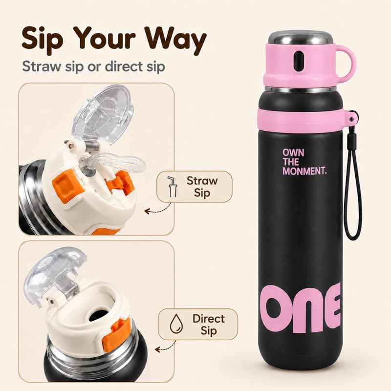 Image of Homero Premium Steel Bottle 1 Litre 1L, Stylish Water Bottle with Cup & Straw, Leak Proof Elegant Design for Women, Office, Gym, School, College & Travel Use - Blush Pink