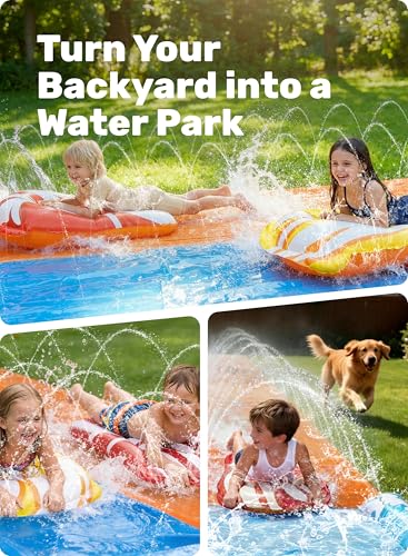 JOYIN 685 cm Rutsche und Wasserrutsche mit 2 Bodyboards, Rasen-Wasserrutsche mit eingebautem Sprinkler für Sommer-Wasserspaß im Garten für Kinder und Erwachsene