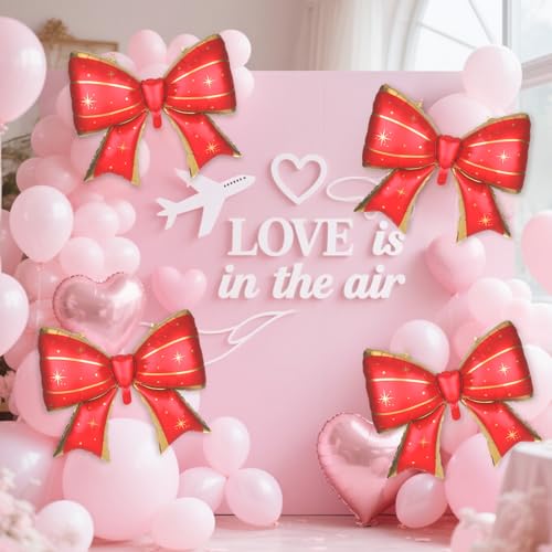 Image of 4Pcs Giant Bow Balloons, 97.5cm /38in Big Elegant Coquette Theme Balloons for Birthday Wedding Engagement & Party Large Decorations Bridal & Bachelorette Supplies (Star Dot Red)