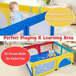 Costzon baby playpen for toddler large play yard indoor outdoor kids activity center with ocean balls non slip suction cups handlebars breathable mesh zipper door playpen for babies  urban country home decor
