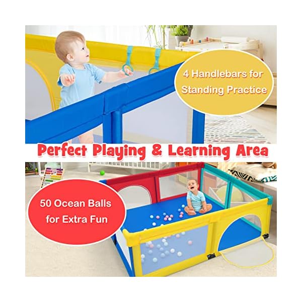 Costzon baby playpen for toddler large play yard indoor outdoor kids activity center with ocean balls non slip suction cups handlebars breathable mesh zipper door playpen for babies  urban country home decor