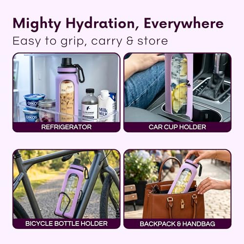 Image of 1 Litre Borosilicate Glass Bottle with Silicone Cover & 2 Lids, Motivational Straw Sipper Water Bottle For Adults with Time & Measurement, 1 Ltr Home, Office & Gym Bottles For Women & Men (Lilac)