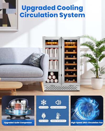Image of 24 Inch Wine and Beverage Refrigerator Under Counter, Dual Zone 20 Bottles & 88 Cans Beverage Fridge with Stainless Steel Tempered Glass Door, Built-in /Freestanding Mini Fridge for Office /Bar /Kitchen