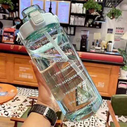 Plastic 2L:-Capacity Belt Straw|Transparent Motivational Water Bottles|Time Marker Leak Proof&Break-Proof|Best Usage For-Sport/Office/School/Gym-2L:- (GREEN)