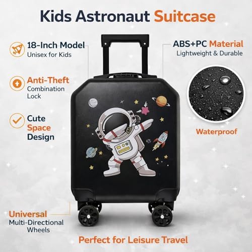 Image of Kids Trolley Bags Suitcase for Travel Cartoon Print ABS+PC Material 18 Inch (Astronaut Dab)