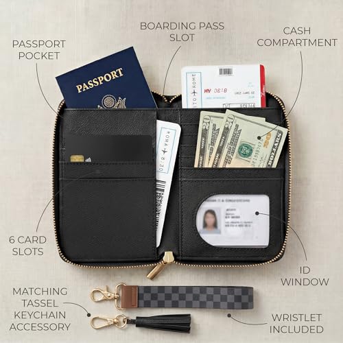 Image of Stylish Passport Holder for Travel with Detachable Wristlet Strap, Black, 6.4 x 4.6 x 0.7 inches, Modern | All-in-one Travel Wallet Organizer for Women - Secure Money Belt Alternative with Card Slots and Tassel Keychain