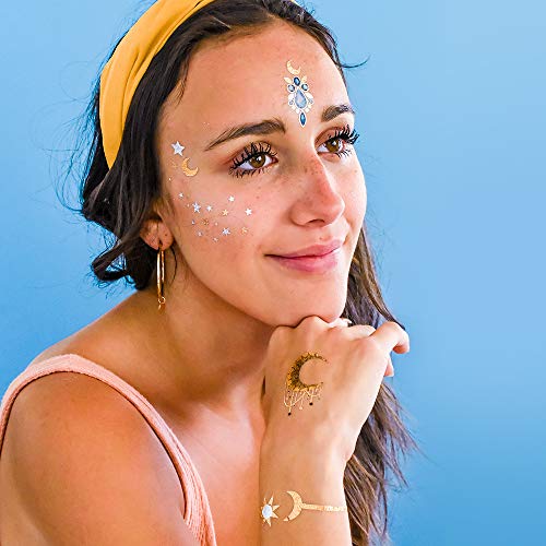 Cosmic Gems Variety Set Includes 25 Assorted Premium Waterproof Metallic Gold & Silver Temporary Foil Party Tattoos - Face Sparkle, Face Tattoo, Stars, Moon, Festival Tattoo, Boho Tattoo, Celestial #TOP1