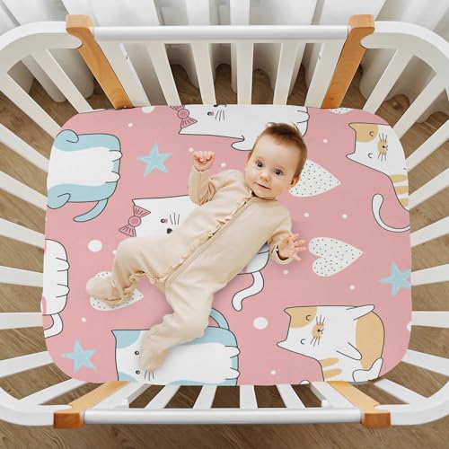Image of Cute Cat Crib Sheets Stretchy Portable Sheets for Baby Toddler Breathable Soft Crib Mattress Sheet for Girls Boys