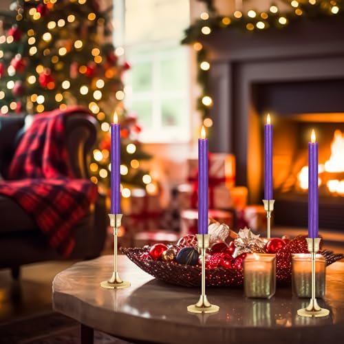 Image of Purple LED Flameless Taper Candles, 6 Pack Real Wax Flickering Candlesticks with 10-Key Remote, Battery Operated Tall Taper Candles for Home, Wedding, and Party Decor
