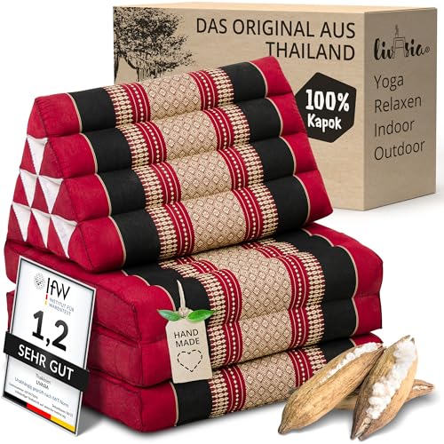 livasia Thaikissen mit 3 Auflagen - 175x50x8cm - Dreieckskissen mit Klappmatratze, Keilkissen Kapok, Rückenkissen faltbar, Thaimatte zum Klappen,...