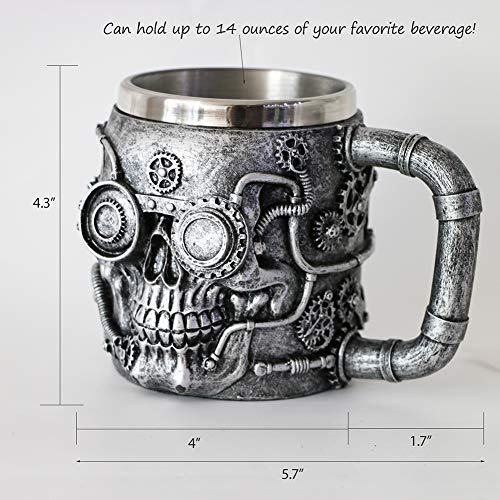 Steampunk Skull Beer Coffee Mug - Mechanical Gearwork Pipeline Beer Stein Tankard - Viking Drinking Stainless Steel Cup 14oz - Ideal Novelty Gift Themed Party Decoration