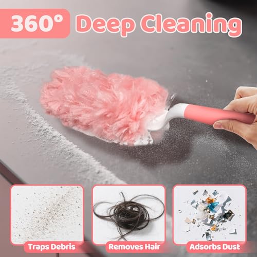 Image of 360 Dusters Refills for Cleaning - 100 Count Disposable Feather Duster Kit with 2 Handles, Multi-Surface Microfiber Feather Dusting Cleaner for Furniture Blinds Windows Ceiling Fans (Pink)