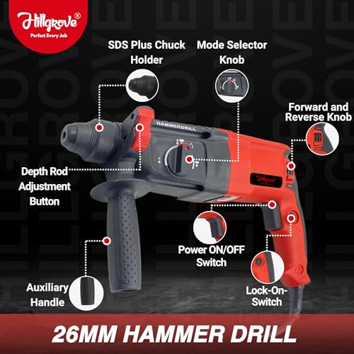 Image of Hillgrove H26H7 3 Modes Electric Rotary Hammer Drilling Impact Machine Industrial 26mm Hammer Impact Drill Machine Forward /Reverse Rotaion with 5 Bits for Making Holes in Metal /Wood /Concrete (1200 W)