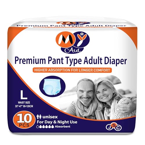Image of Premium Unisex Pant Style Adult Diapers With Wetness Indicator, Elastic-Waist, Fast Absorption, Leakproof, Odour Lock & Anti-Bacterial | Large Size | 10 Count (Pack of 1)