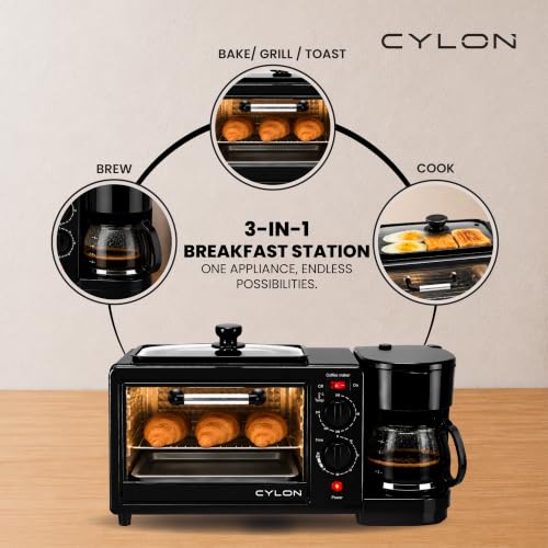 Image of CYLON OvenPrime 3-in-1 Breakfast Maker | 10L Oven Toaster Griller with Coffee Maker & Non-Stick Frying Pan | Adjustable Temperature & Timer | Bake, Grill, Toast & Brew | Black