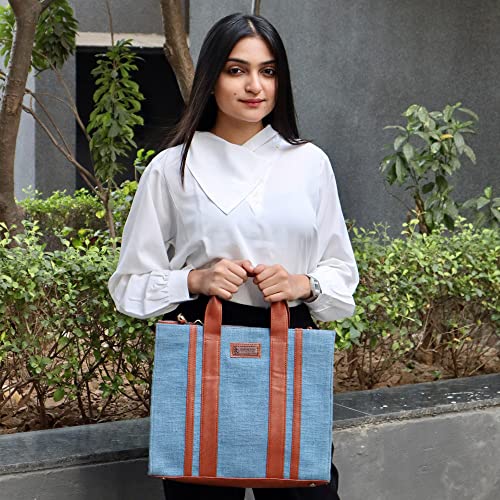 Image of Book Tote Handbag | Handloom Woven Cotton And Vegan Leather | Laptop | Tote Bags for Women For Office Use, Work | Ladies Stylish Shoulder Bag | Ethically Sourced, Lightweight