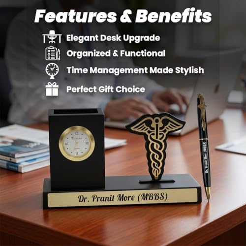 Image of Giftana 2 in 1 Personalized Desk Table Organizer with Pen Gift Set for Doctors, Customized Pen Stand Table Clock & Calendar, Customised New Year Corporate Gift Set for Employee (Doctors Symbol)