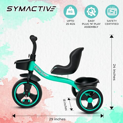 Image of Amazon Brand - Symactive Tricycle for Kids | Plug N Play | Baby Cycle with Grip Handle, Eva Wheels, Seat & Basket | Kids Tricycle /Cycle | 2+ Years Unisex | Weight Limit Upto 25 Kgs (Ice Blue)