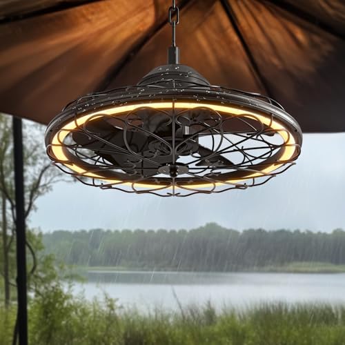 Black 20 Outdoor Ceiling Fan, IP65 Waterproof Gazebo Fan with Light, Remote Control,6 Speeds,3CCT, Plug in Caged Ceiling Fan with Hanging Hook for Patio, Porch, Canopy