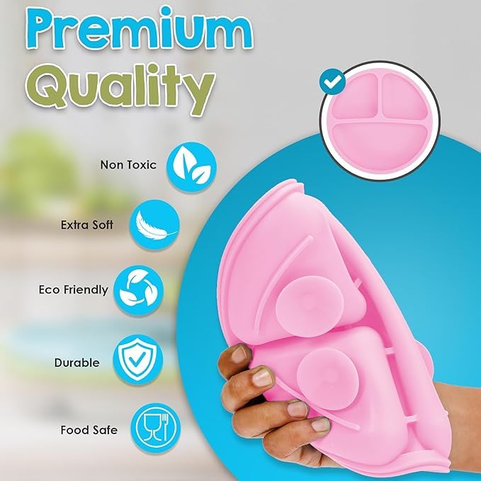 Image of BabyGo Silicone Suction Plates for Baby Microwave,Dishwasher, Freezer Safe Unbreakable with 4 Suction Cup Feeding Plate for Baby & Toddlers, BPA Free (Pink)