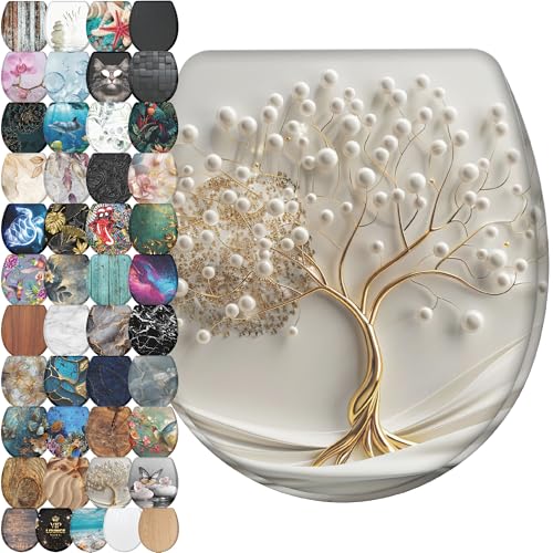 Image of Sanilo Wooden Toilet Seat with Quick Release & Soft Close [ROUND] - Decorative & Slow Close Molded Wood Seat - With One Click for Easy Installation & Cleaning - With Adjustable Fit (Tree of Life)