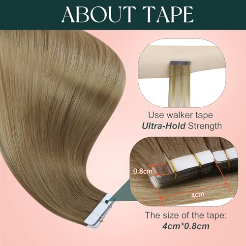 Image of Easyouth 24 Inch Tape in Hair Extensions Human Hair Ombre Tape Hair Extensions Real Human Hair Balayage Golden Brown Mix Blonde Seamless Tape in Hair Extension for Long Hair 50g 20pcs