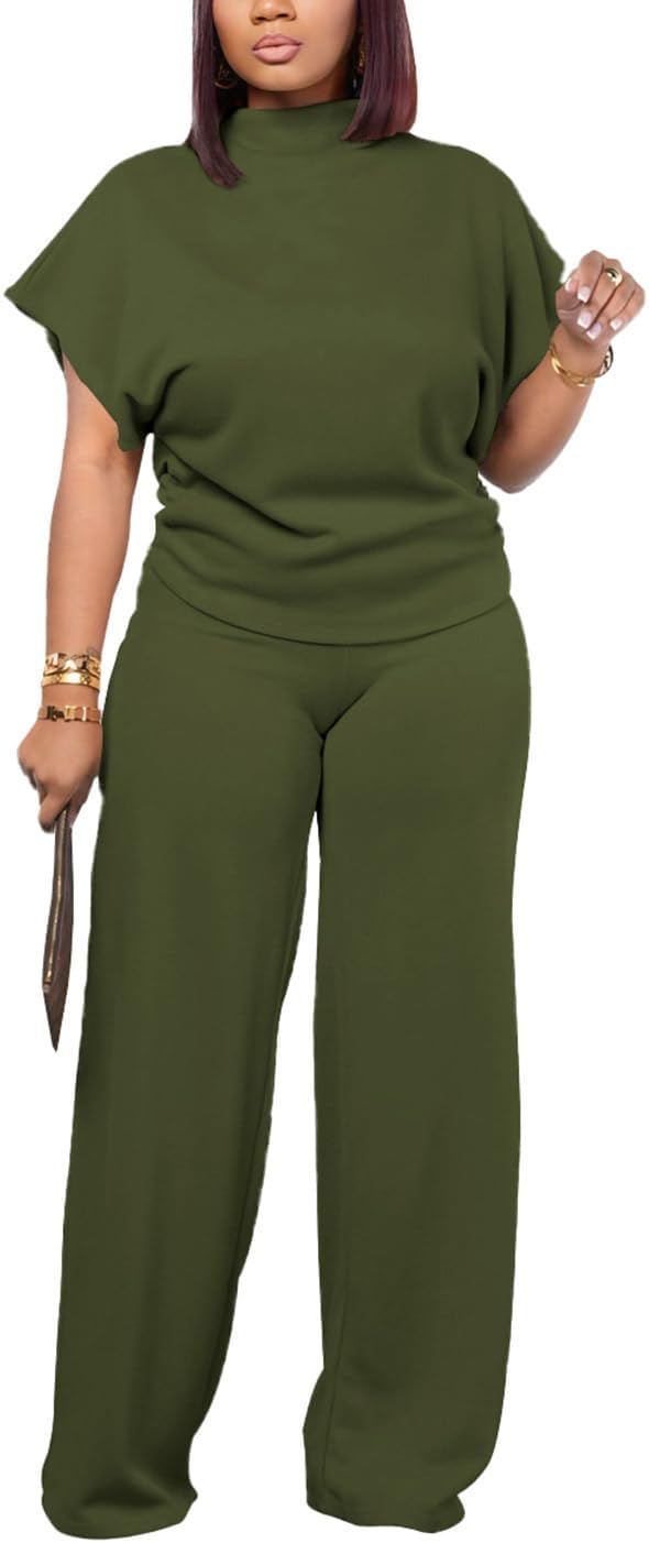 PINSV Lounge Sets For Women Casual 2 Piece Outfits Baggy Short Sleeve Top And Flare Pants Tracksuits