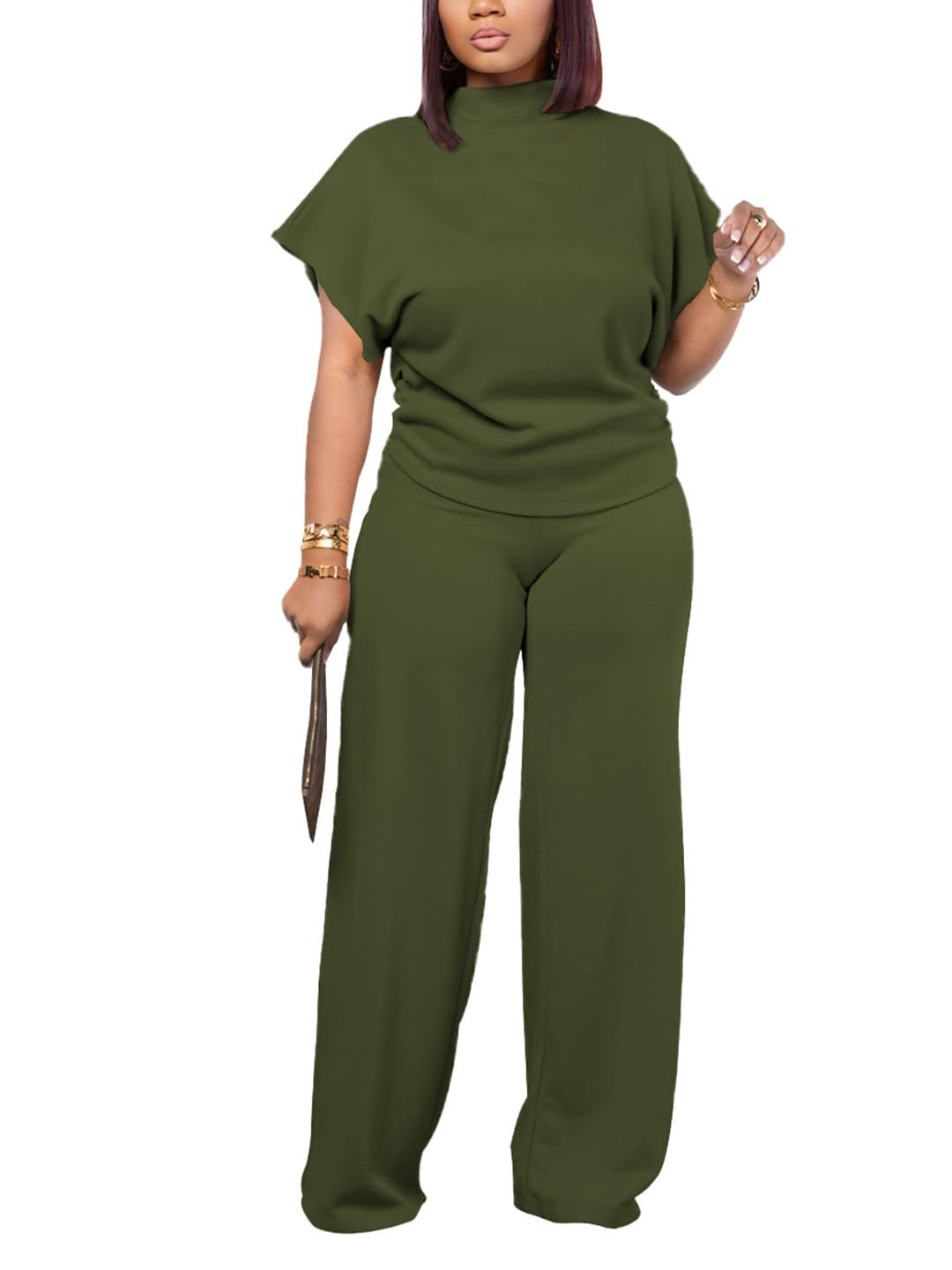 PINSV Women's 2 Piece Pants Set Casual Mock Neck Wide Leg