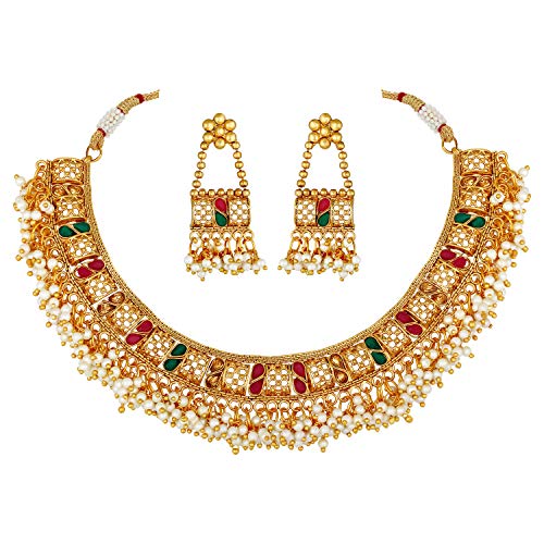 Peora Enamel Pearl Gold Plated Choker Necklace Jewellery Set For Unisex Adult