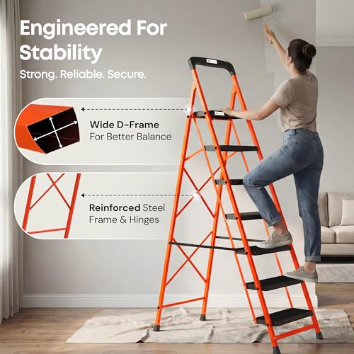 Image of BonKaso climb easy 7 Step Foldable Steel Kitchen Ladder for Home,Office & Outdoor Use with Safety Clutch Lock,Anti-Slip Wide Steps,Support Handle & Tool Tray, Load Capacity Upto 120kg (Orange & Black)
