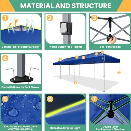Image of COBIZI 10x30 Pop Up Canopy Tent, Wedding Party Tent Without Sidewall One Push Setup Glow, 3 Adjustable Height Air Vent Waterproof UPF50+, Wheeled Bag, 4 Sandbag, 8 Stake, Ropesfo Commercial, Outdoor