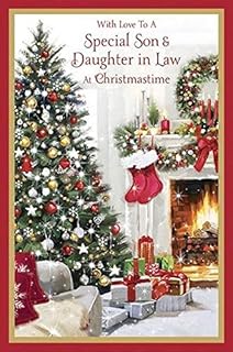 Son & Daughter-in-Law Artistic Christmas Card - Tree, Fireplace and Gifts - Foil and Flitter Finish
