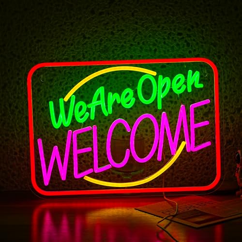 Image of Business We Are Open Neon Sign Welcome Wall Decor Neon Light Open Sign LED Light Sign Coffee Shop Bar Restaurant Salon Hotel Welcome Door Window Decor Sign USB 16.5 inchX11.8 inch