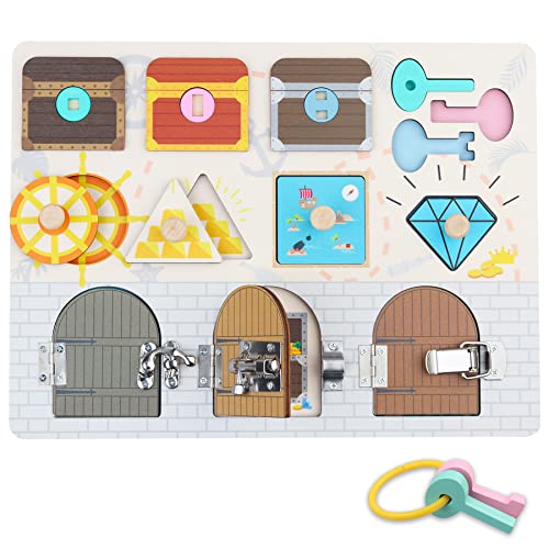 Image of Toddler Montessori Educational Toys Learning Activities - Wooden Busy Board Baby Sensory Puzzles - Gifts for 12 18 Month Age 1 2 3 4 One Two Year Old Boy Girl Kid - Fine Motor Skills Developmental Toy
