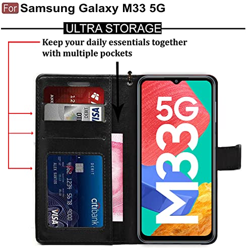 Image of CEDO Flip Cover for Samsung Galaxy M33 (5G) | Leather Finish | Inside Pockets & Inbuilt Stand | Shockproof Wallet Style Magnetic Closure Back Case Flipcover (Black)