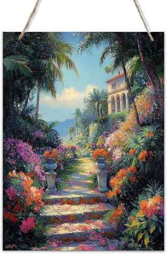 CDSASHCA Sunlit Villa with Grand Columns,Floral Urns & Palms Wooden Hanging Sign,Rustic Wood Art,Mediterranean Courtyard Farmhouse Decor for Living Room,Entryway Plaque,12x8 Inch,