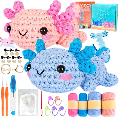 Nhcuijun Crochet Kit for Beginners - Highland Cow Crochet Set with Step-by-Step Video Tutorial Suitable for Both Adults and Kids. DIY Knitting Supplies (Axolotl Crochet kit)
