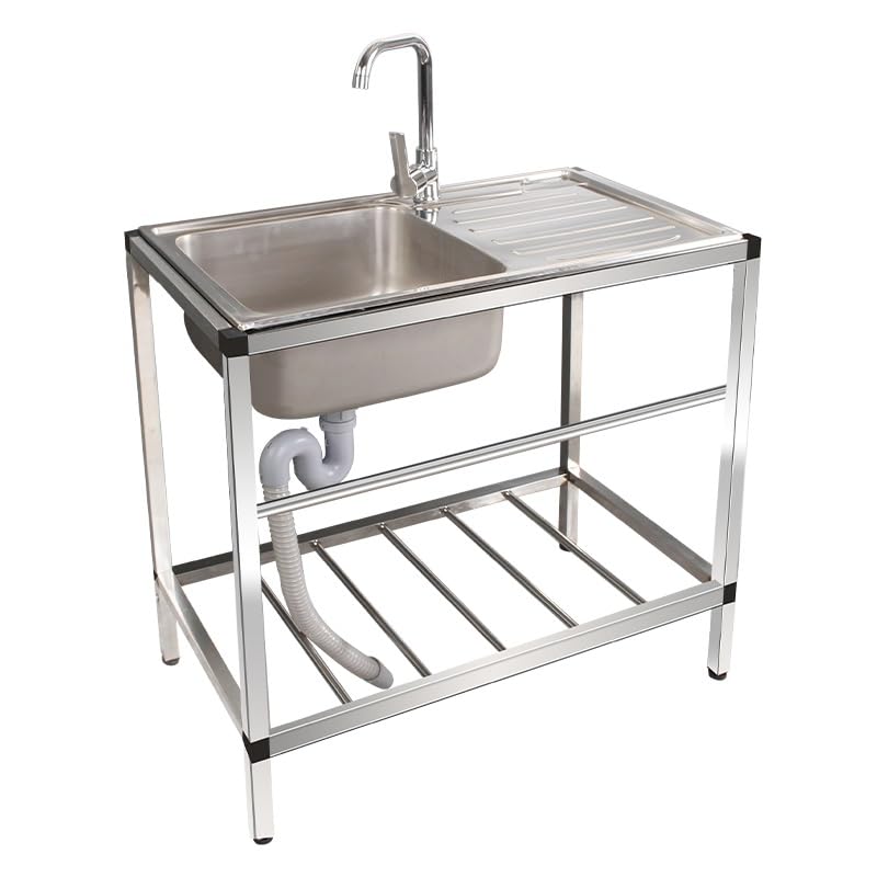 Kitchen Sink Single Bowl Stainless Steel Table with 1 Compartment Commercial Sink Set with Faucet & Drainboard for Restaurant Kitchen Laundry Room Garage