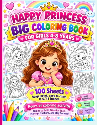 HAPPY PRINCESS BIG COLORING BOOK: FOR GIRLS 4-8 YEARS.100 Sheets, large print, easy to color, 8.5/11 inches. Hours of coloring activity image 2