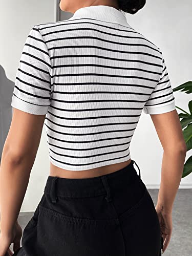 Image of Aahwan White Striped Slim Fit Crop Polo Collar Short Sleeve T-Shirt for Women's & Girl's