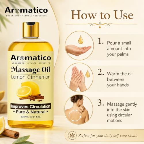 Image of AROMATICO Lemon & Cinnamon Warm Massage Oil - Ideal for Hot Oil Massage | Body Massage Oil with Almond & Jojoba for Full Body Relaxation | 300ml