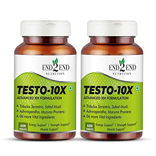 End2End Nutrition Testo-10X Natural Supplement For Men with Tribulus 1000mg per serving, Ashwagandha Extract, Safed Musli,and 6 Ingredients for Muscle Gain & Energy 120Tablets (Testo 10X Pack of 2) End2End Nutrition Testo-10X Natural Supplement For Men with Tribulus 1000mg per serving, Ashwagandha Extract, Safed Musli,and 6 Ingredients for Muscle Gain & Energy 120Tablets (Testo 10X Pack of 2)