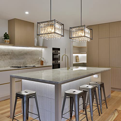 Image of LMQNINE Modern Foyer Chandelier, Black Crystal Chandelier Entryway Pendant Light Fixture, Square Adjustable Height Chandeliers for Kitchen Island, L15.74'' x H9.84''