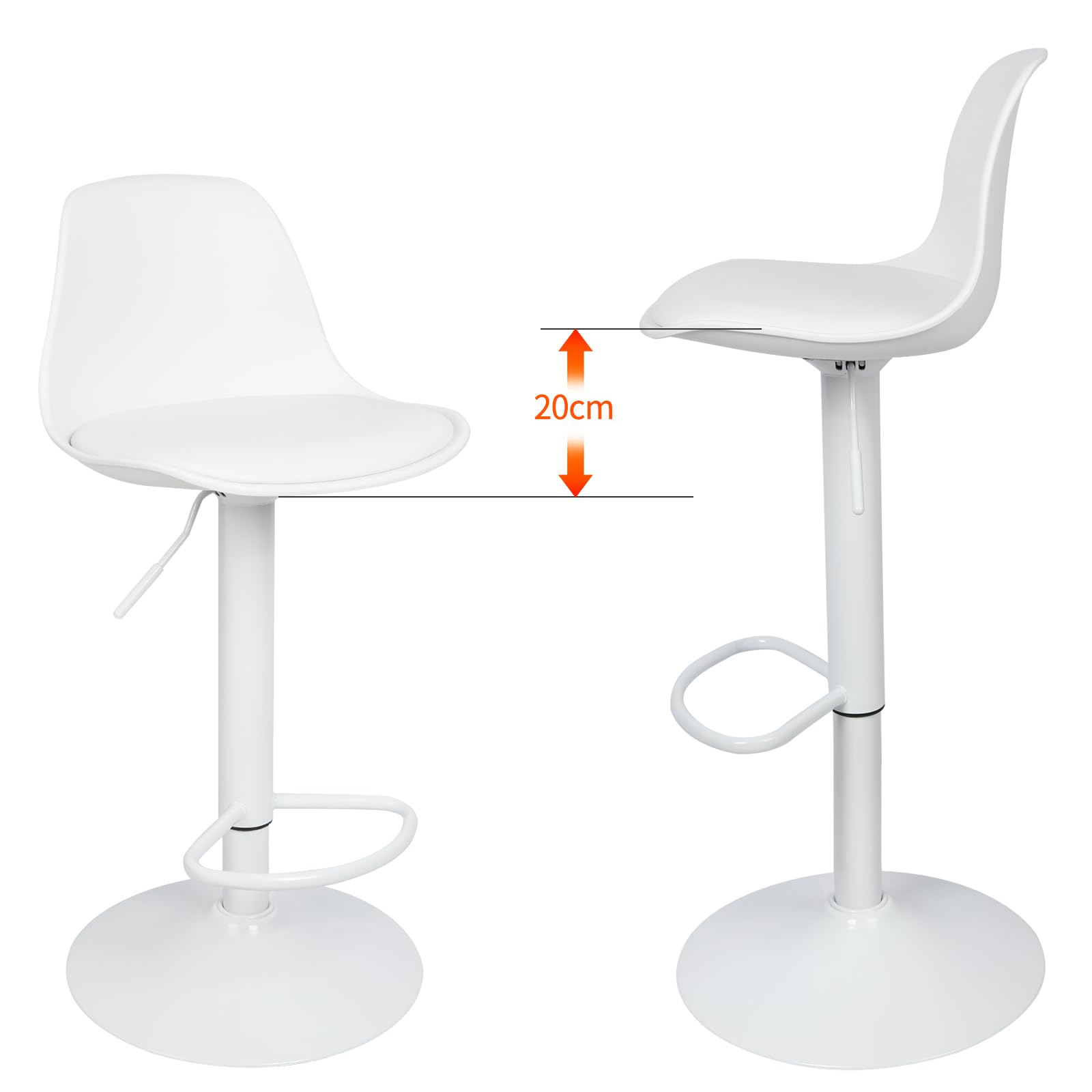 Tabouret Bar Lot de 2 Chaise de Bar Tabouret de Comptoir avec Dossier, Tabouret de Bar en Cuir synthétique,Réglable en Hauteur, Pivotant à 360°,Hauteur d'Assise 55-75cm (Blanc- 2pcs)