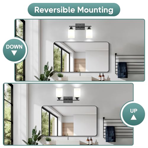 Image of Ascher Bathroom Light Fixtures, 2-Light Vanity Light Over Mirror, Matte Black Wall Sconces with Milky White Frosted Glass Shades, Wall Lamp for Living Room Bedroom, E26 Base(Bulbs Not Included)