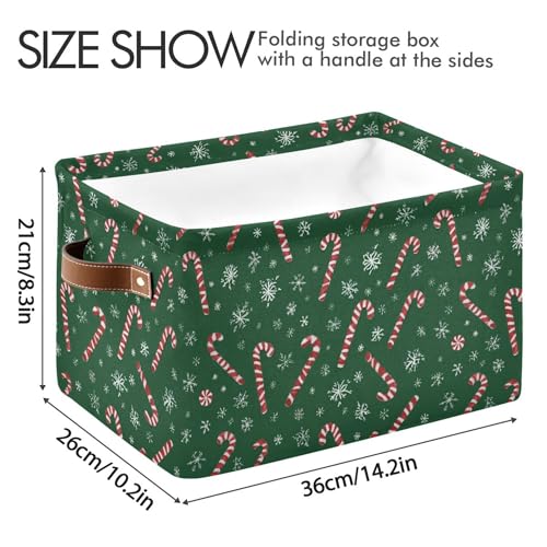 Image of Wamika Christmas Green Storage Basket with Waterproof Liner and PU Handles Winter Candy Cane Snowflake Storage Boxes 14.2 inch Collapsible Decorative Organizer Baskets for Bedroom Closet Office 1 Pack