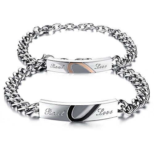 Kim Johanson Edelstahl Pärchen Armbänder 'Real Love' für verliebte Roségold & Schwarz Herz inkl. Schmuckbeutel