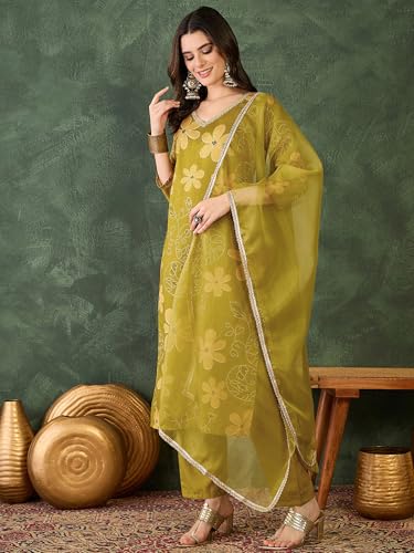 Image of Naixa Women's Lemon Rayon Blend Embroidered and Printed Straight Kurta with Rayon Blend Pant and Organza Dyed Dupatta Sets (NX-510)